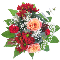 This luxurious bouquet captures the artistry and emotional richness characteristic of Bexley's best florists. Deep red roses and intense crimson chrysanthemums set a passionate, dramatic stage, while creamy apricot and peach roses introduce a comforting wave of warmth-like the soft glow over the fields near Foots Cray Meadows. Between the bolder blooms, white gypsophila drifts like scattered pearls, adding grace and a sense of gentle motion to the piece. Glossy, vibrant greenery forms a lush backdrop and base, infusing the arrangement with a grounded freshness akin to Bexley's beloved outdoor spaces. Arranged in a clear glass vase, the stems are showcased, offering a glimpse of natural beauty and contemporary style. The bouquet's tactile contrasts-the velvet petals, feathery gypsophila, firm leaves-create a multi-sensory delight that feels inviting and genuine. This composition is ideal for expressing deep affection, marking new chapters, or gracing tables where love and celebration reside. Every element of the bouquet speaks to the dedicated skill and thoughtful approach of local Bexley florists, ensuring each bloom is infused with meaning.