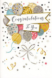 In this image, a celebratory congratulations card is shown with a design that feels both playful and elegant, perfect for marking special achievements around Bexley. At its centre, a generous bouquet of balloons seems to lift off the page, each balloon overlapping the next in a soft, rounded cluster. The colours are gentle and refined: champagne gold, bright silver, powder blue, dusty pink, and soft grey, all finished with glossy highlights that suggest a smooth texture under the fingertips. The balloons are decorated with different patterns-tiny sparkling stars, slender glimmering stripes, and scattered specks that imitate glitter-giving each one its own character. From the base of the arrangement, fine ribbons in metallic gold and silver stream downward, curling into relaxed spirals that add a sense of gentle motion, like decorations swaying in a light breeze over a Bexleyheath garden party. Woven through the centre of the balloons is a graceful banner, slightly arched and ribbon-like, carrying the message Congratulations To You in elegant, flowing script. Surrounding this focal point, the pale background is sprinkled with small star motifs, confetti dots, and delicate swirls, creating a lively yet uncluttered frame. The overall effect is uplifting, warm, and quietly glamorous-an ideal card to accompany fresh flowers when you want to celebrate someone's hard work, success, or happy new chapter in Bexley.