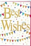 This image shows a bright, uplifting greeting card that feels perfectly at home in the friendly, celebratory spirit of Bexley. The main focus is the message Best Wishes, written across the centre in a luxurious gold script that flows smoothly from letter to letter. The words have a softly raised, embossed finish, with just enough glitter to make them catch the light and shimmer gently, reminiscent of warm sunlight glinting on windows along Bexley's bustling streets. The gold stands out beautifully against the spotless white background, making the sentiment easy to read and full of presence. Surrounding the message at the top and bottom are festive strings of bunting that arc gracefully from edge to edge. Each tiny triangular flag is rendered in lively colours-crimson red, ocean blue, grassy green, bright yellow, and hints of pink and orange. Some of the flags are decorated with fine stripes or neat polka dots, adding texture and a sense of handcrafted joy, as though they have been lovingly strung for a local celebration at Danson Park or a family party in Bexleyheath. Scattered around the bunting, small star shapes and round dots in the same vivid colours float like confetti frozen mid-air, suggesting recent applause, shared smiles, and good news just received. The composition remains light and airy thanks to the generous white space, so the design feels stylish rather than busy. It's an ideal card to accompany a fresh flower delivery from Flowers Bexley for a promotion, graduation, new home, or any milestone worth celebrating. Visually, it expresses optimism, encouragement, and a heartfelt wish that the person receiving it steps into their next chapter with confidence and joy.